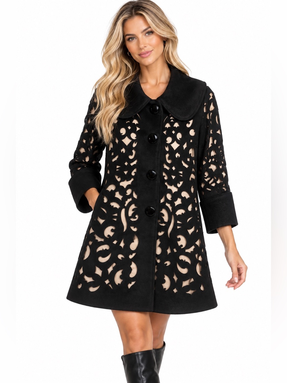 Ryu Anthropologie Size Small Black Laser-Cut A-Line Coat with Contrast Underlay